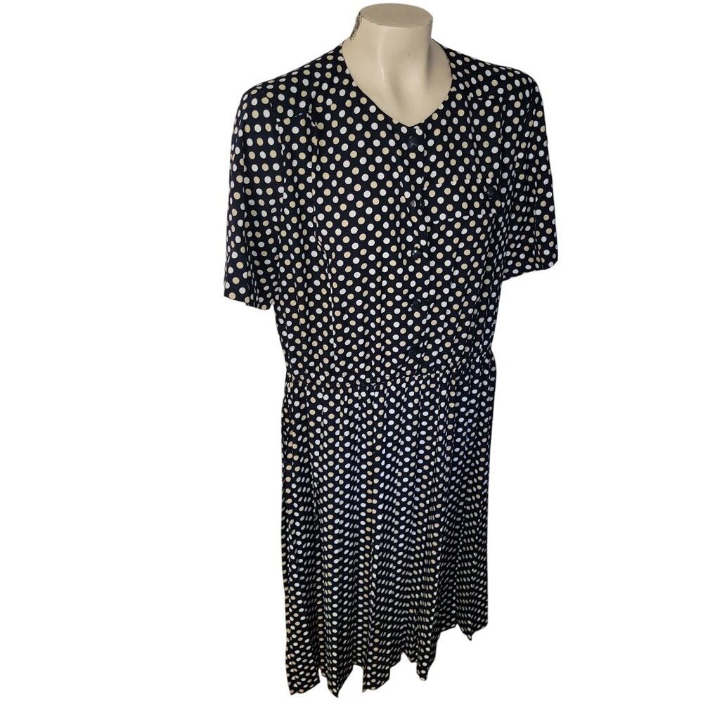 Vintage Rebecca Stuart Polka Dot Dress Navy & White Short Sleeve Button Front 18